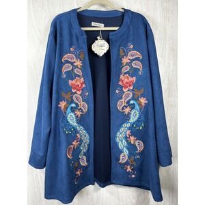 Simply Couture 3X Lapis Blue Embroidered Peacock Duster Faux Suede Boho
